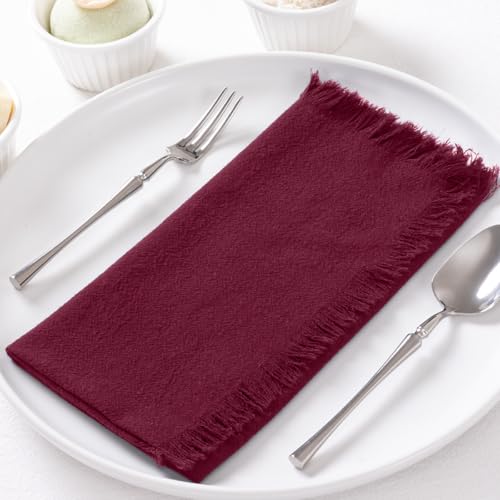 DeZerlor 6 Pack Burgundy Red Cotton Linen Napkins with Fringe Summer Cloth Napkins Set of 6 Boho Handmade Dinner Napkins Bulk for Wedding Bridal Baby Shower Parties, 17 x 17 Inches - color: Burgundy, size: 17" x 17" (Set of 6)