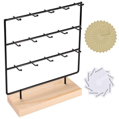 Earring Display Stands for Selling, 3 Tier 15 Hooks Wood Jewelry Organizer Rack for Earrings, Necklaces, Rings, Bracelets, Keychains - Compact for Countertop, Boutique, Trade Shows (Black)