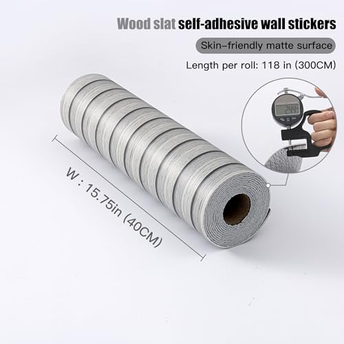 Peel and Stick PVC Slat Wall Panels, Wood Grain Self-Adhesive Soundproof Moisture-Resistant Paneling, 3D Faux Wood Panels for Bedroom Bathroom Walls & Ceilings 118"x15.75"(Gray,13Sq.ft) - color: Gray