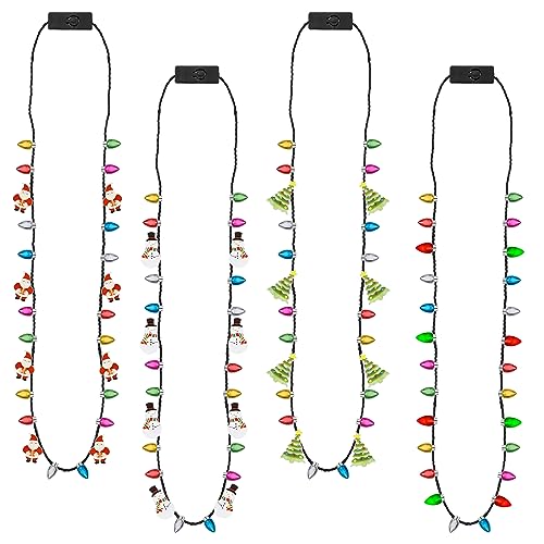EOBOH Christmas Necklace, 4Pcs Light Up Christmas Necklace, Glowing Bulb Xmas Tree Santa Candy Cane Necklaces, 3 Modes Colorful Xmas Party Favors, Ugly Xmas New Year Eve Party Supplies Accessories