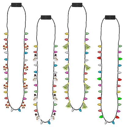 EOBOH Christmas Necklace, 4Pcs Light Up Christmas Necklace, Glowing Bulb Xmas Tree Santa Candy Cane Necklaces, 3 Modes Colorful Xmas Party Favors, Ugly Xmas New Year Eve Party Supplies Accessories