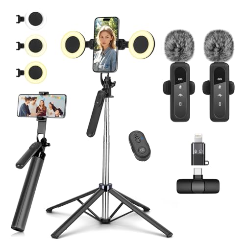 Vlogging Kit for iPhone/Android, Metal Selfie Stick Tripod for iPhone with Light and Microphone,70 inch Tall Adjustable Phone Tripod for TikTok/YouTube Starter Content Creator Essentials Kit - color: A-tripod with light and mic