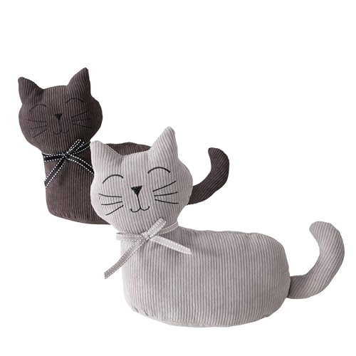 Kitty Cat Door Stops, Set of 2, Bow Collars, Grey and Brown Corduroy Fabric, Weighted, 11.75 Inches - color: Kitty Cats, Grey and Brown