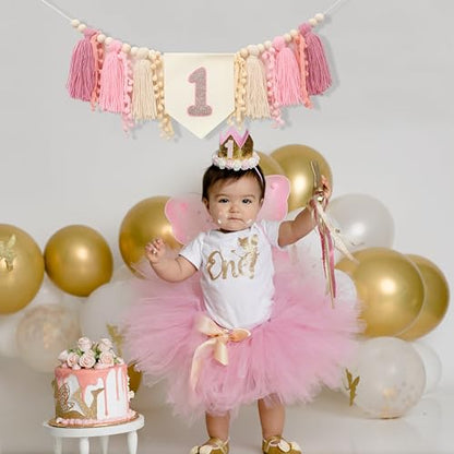 Girls 1st Birthday Tassels High Chair Banner -1st Birthday Decorations for a Girl,Boho First High Chair Banner,Rose Gold Cake Smash Photo Prop