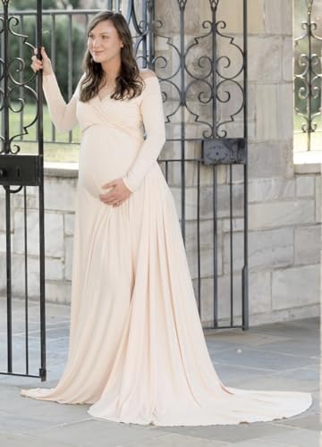 Saslax Maternity Off Shoulders Half Circle Gown for Baby Shower Photo Props Dress - color: Champagne, size: Medium
