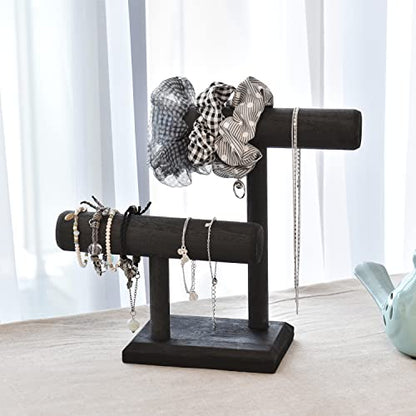 Ikee Design 2 Tier Wooden Jewelry Bracelet Watch Display Tower, Bangle Scrunchie Necklace Holder Storage Stand, 7.9 W x 4.3 D x 9.4 H in, Black Color - color: Black