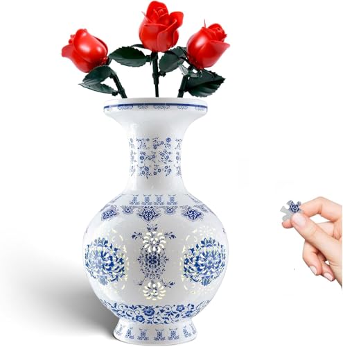 3D Puzzle Vase for Adults with LED Light, 200 Curved Pieces DIY Flower Vase Craft Kit, Creative Jigsaw Art Project Home Décor Centerpiece (C-Blue & White Grand) - color: C-blue & White Grand