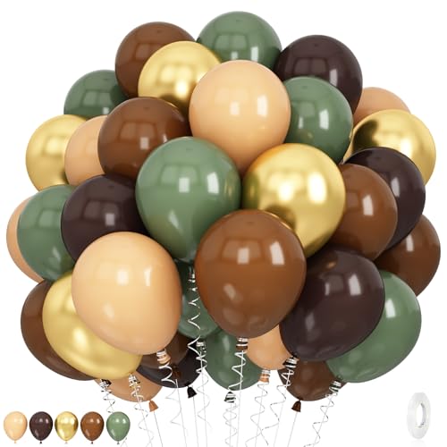 60 PCS Sage Green Brown Balloons Woodland Camo Army Balloon Olive Green Dark Brown Coffee Nude Gold Latex Balloons for Jungle Safari Wild One Hunting Dinosaur Birthday Baby Shower Party Decorations - color: Sage Brown