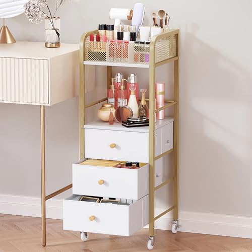 HapiRm Rolling Makeup Cart Organizer - Floor Skincare Make Up Storage with 3 Non-woven Fabric Drawers, Vanity Organizer Cosmetic Display Cases Holder for Skin Care Perfume Nail Polish Brush Hair Tool - color: Gold