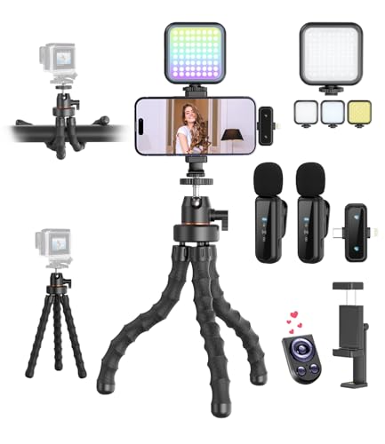 Vlogging Kit for iPhone/Android, Flexible Tripod with RGB Fill Light, Wireless Remote & Microphone, YouTube Starter Kit, Adjustable Content Creator kit for Tiktok/Vlog/Video Recording