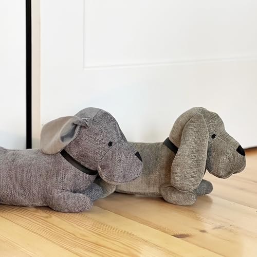 WHW Whole House Worlds Weighted Puppy Dog Door Stoppers, Set of 2, Floppy Ears, Brown Grey, Black Noses, Long Daschund Tummies, Tails Up, Chenille Polyester, 15 Inches - color: Puppy Dog Door Stoppers, Set of 2,