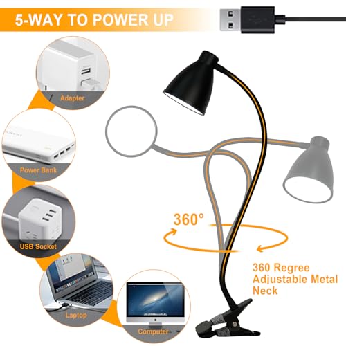 BOHON Desk Lamp 5 Color Modes 10 Brightness Dimmer Reading Light 10W 38 LED Clamp Lamp with Auto Off Timer 360° Flexible Neck Clip on Light for Bed Bedside, AC Adapter Include - color: Black