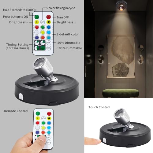Wireless LED Spotlight Battery Powered Picture Lights, RGB Spot Lights Indoor, Dimmable Puck Lights with Remote, Stick on Uplight for Painting Wall Art Display Dartboard Artwork Accent Closet - color: RGB Black Silver, size: 2 Pack