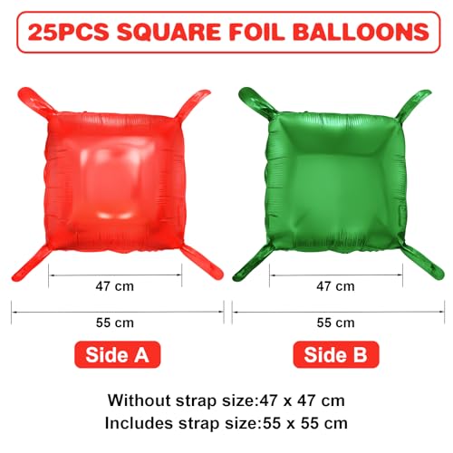 Red Green Square Foil Balloon Wall,25Pcs Double Sided Balloon Backdrop Helium Balloons Tunnel Arch Garland Kit for Christmas Birthday Anniversary Party Decorations - style: Red Green