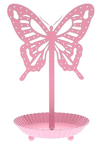 Top Brass Butterfly Earring Holder Organizer Metal Standing Jewelry Tree Display with Ring Tray (Pink) - color: Pink