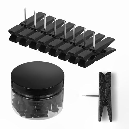 ‌ZYFOFFICE 50-Pack Black Push Pins with Spring-Loaded Wooden Clips, Damage-Free Cork Board Tacks for Artwork, Photos & Notes (No-Mark Design) - color: Black-50
