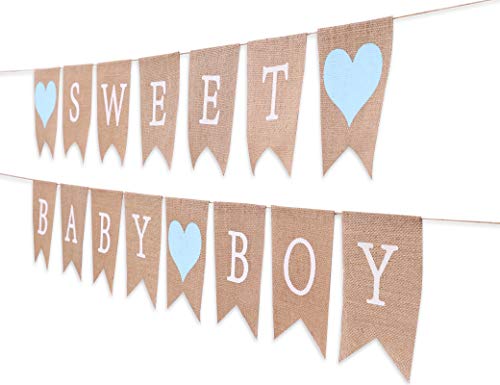 Sweet Baby Boy Burlap Banner - Rustic Baby Shower Decorations, Photo Props (Sweet Baby Boy Blue) - color: Sweet Baby Boy Blue