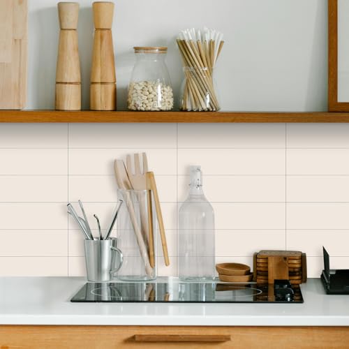 24-Pieces Peel and Stick Tiles for Kitchen Backsplash, New Upgrade Design 12" x 3"SPC Subway Backsplash Tiles, Cream Beige Premium Finger Tiles (White). - color: White, size: 10 Sheet