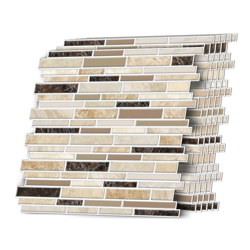 VICCI 12-Sheets Peel and Stick Tile Decals 12”×12” Stick on Backsplash for Kitchen, Wall Stickers Vinyl Waterproof Self Adhesive for Bathroom Laundry Room (Beige & Yellow & Brown) - color: Spt-004, size: 12 x 12 inch (Marble style)