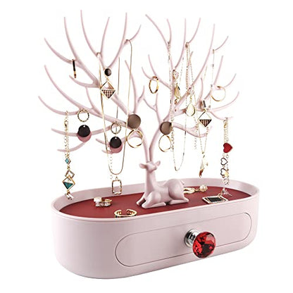 MORE&LESS Red Artificial Leather and Red Crystal Handle Deer Jewelry Display Rack for Ring Earrings Necklace Bracelet - color: D Red PU