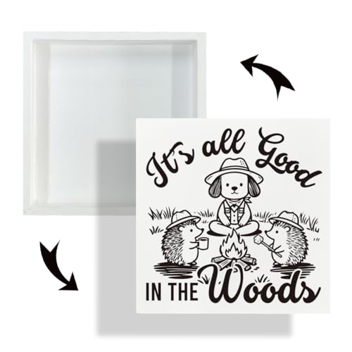 Farmhouse Shelf Decor Wood Sign, It’s All Good in the Woods Camping Theme White Wooden Block Plaque for Cabin Desk Tabletop Display Rustic Home Accent 5x5 Inches Gift