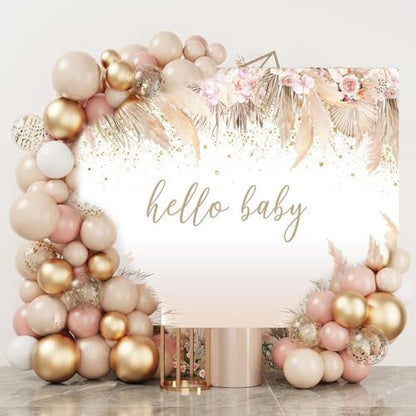 Mocsicka 7x5ft Boho Baby Shower Backdrop Hello Baby Boy Girl Shower Backdrop Decorations Party Banner Pampas Grass Boho Chic Pink Flowers Background Decorations Photo Booth Props - size: 7x5ft