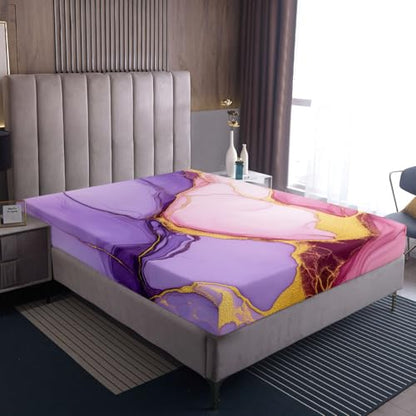 Pink Purple Gold Marble Bed Sheets - Soft Modern Marble Texture Pattern, Queen Size 4-Piece Girly Bedding Sheets & Pillowcases Set (1 Fitted, 1 Top, 2 Pillowcases) - color: Multi 01, size: Queen