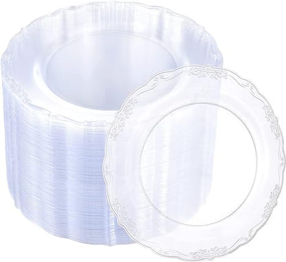 U-QE 60 Pieces Clear Plastic Plates - 7.5 Inch Clear Disposable Plates - Plastic Appetizer Plates - Premium Hard Dessert Plates - Party Supplies for Birthdays, Celebrations, Wedding and Events - color: 10Inch-60pcs-Lace