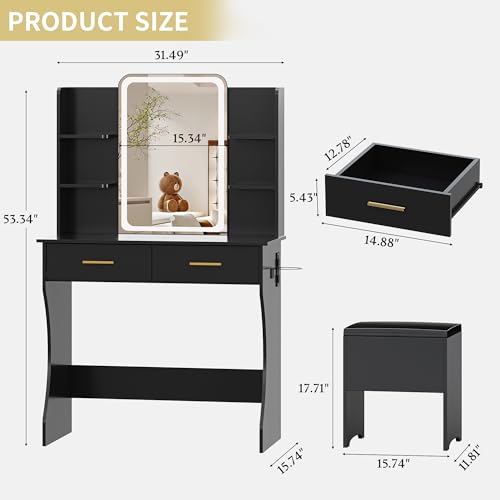 Vanity Desk with LED Lights Mirror & Power Outlet, Small Makeup Vanity Table Set with Storage Drawers & Chair, 3 Lighting Modes & Adjustable Brightness, Dressing Table for Women Girls Bedroom, Black - color: Black, size: 2 Drawers