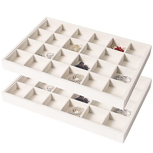 Coward 2PC Stackable 24 Gird Jewelry Organizer Tray Necklace Earring Box Storage Drawer Ring Bracelet Display Holder (beige(24grid+24grid)) - color: Beige Velvet, size: 24Grids+24Grids