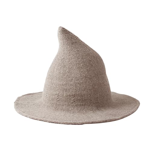 Halloween Witch Hat for Women Wide Brim Foldable Wizard Hat Wool Knit Pointed Cap Cosplay Costume Accessory - color: Khaki