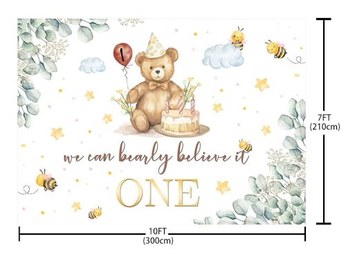 AIBIIN Bear 1st Birthday Backdrop We Can Bearly Believe It One Photography Background Bear Bee First Birthday Party Party Decorations Banner Photo Props 10x7ft - color: White, size: 10x7ft