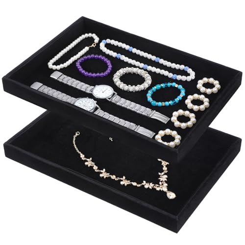 6 Pcs Velvet Stackable Jewelry Tray, Jewelry Organizer and Display for Bracelets Rings Earrings Necklaces, for Drawer and Countertop Showcase, Black