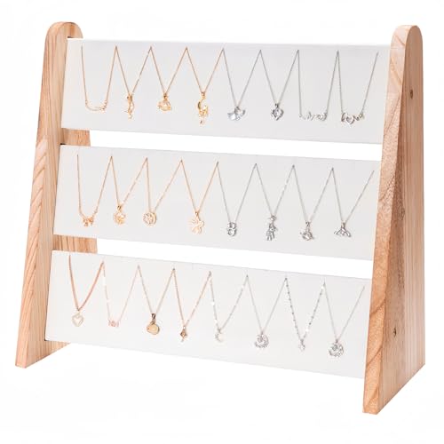 Necklace Holder 3 Tier Wood Necklace Organizer Stand with White Velvet, Necklace Display Stand for Selling, Chain Necklace Holder Rack for Show, 72 Necklaces Bracelets - style: One-Sided White