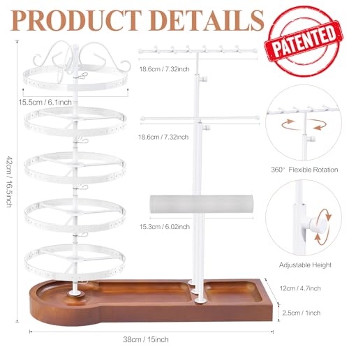 KALYLOC Jewelry Earring Holder Organizer, Adjustable 5 Tiers Rotating Earring Holder 3 Tier Necklace Holder with Wooden Base, Multi-Functional Jewelry Organizer Display Stand for Studs Bracelet Women - color: White