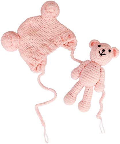 Newborn Baby Photo Shoot Props Boys Girls Crochet Knitted Hat Bear Hat Beanie with Bear Dolls Photography Props - color: Light Pink