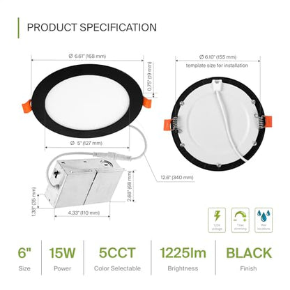 ASD 6 Pack LED Recessed Lighting 6 Inch 15W, 5 CCT 2700K-5000K CRI90+, IC Rated Ultra Thin Dimmable Ceiling Lights with J Box, Canless Wafer Downlight, Round Slim Panel Light, UL Energy Star, Black - color: Black, size: 6 Inch 6 Pack