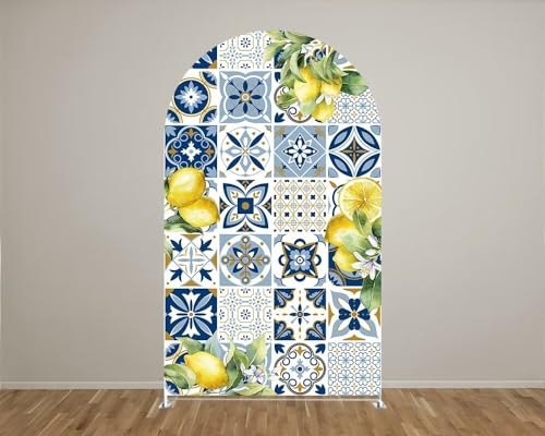 Mediterranean Lemon Arch Backdrop Cover Double-Sided Patchwork Tile Positano Morocco Bridal Shower Arched Party Birthday Background - color: Gx-1514, size: 2.5ftx6ft (30"x72")