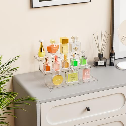 Yieach 3 Tier Acrylic Display Stands for Cupcake Stand,Dessert,Perfume Stand Organizer and Figurine Display Shelf,Tiered Clear Acrylic Display Risers for Cologne,Collection,Spice Rack,Perfume Display - color: Clear