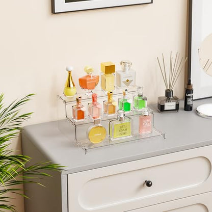 Yieach 3 Tier Acrylic Display Stands for Cupcake Stand,Dessert,Perfume Stand Organizer and Figurine Display Shelf,Tiered Clear Acrylic Display Risers for Cologne,Collection,Spice Rack,Perfume Display - color: Clear