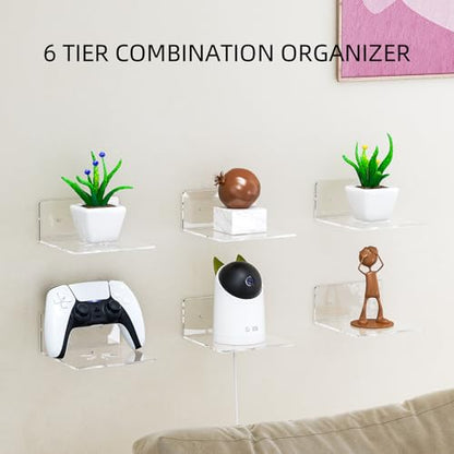 Acrylic Wall Shelves,Clear 6 inch Floating Shelves for Display,Echo,Cameras,Speaker,Router Wall Mounted Transparent Small Invisible Shelves with Adhesive Bedroom Bathroom Living Room - color: Clear, size: 6 Inch -6Pack