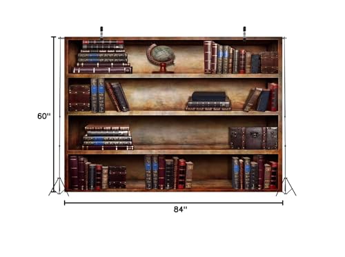 BELECO 7x5ft Fabric Old Bookshelf Backdrop Brown Wooden Bookcase Hardcover Books Globe Background Students Teachers Graduates Artistic Portrait Shooting Online Teaching Background Video Studio Props - size: 7x5FT