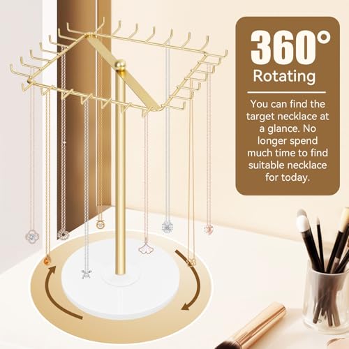 Rotating Necklace Holder Stand Metal Jewelry Organizer Display with 28 Hooks，Necklace Storage for Hanging Keychain Bracelet Long Chains Tree for Girls Women