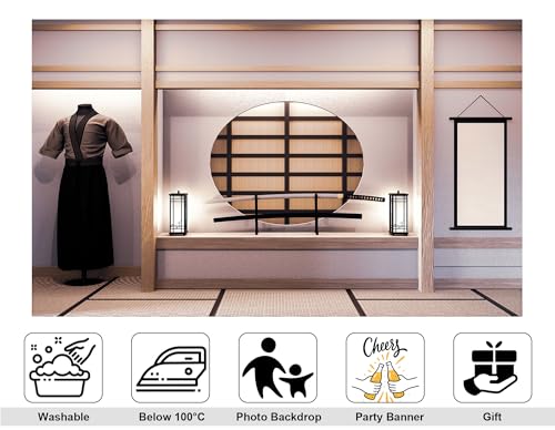 8x8ft Japanese Style Samurai Room Backdrop Katana Display Round Window Photography Background for Samurai Themed Party and Cultural Event Decorations Tapestry Photo Booth Props - size: 8x8ft