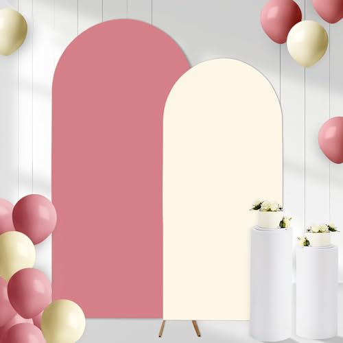2PCS Arch Backdrop Covers Retro Pink Cream Color (7.2ft+6ft) , Spandex Fitted Arch Stand Covers Background for Wedding Baby Shower Birthday Bridal Shower Party Decorations(Only Covers) - color: Cream & Pink, size: 7.2FT/6FT