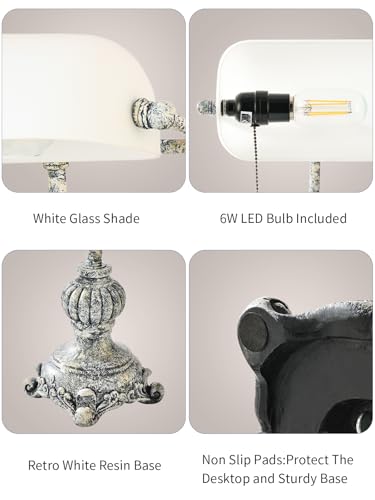 Retro White Matted Glass Bankers Desk Lamp for Home Office,Library with Pull Chain Switch Plug in Fixture, LED Bulb Included - color: Antique+White