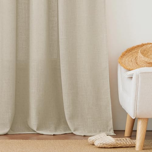 RYB HOME Semi Sheer Curtains 63 inches Long, Half Privacy Linen Textured Living Room Bedroom Curtains, Farmhouse Boho Curtains for Kitchen, Beige, W 52 x L 63 inch Long, 1 Pair - color: Beige, size: 52"W x 63"L (Pack of 2)