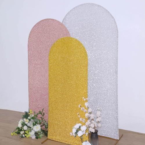 Efavormart 5ft Shiny Gold Spandex Fit Round Top Backdrop Frame Stand Cover, 2-Sided Metallic Sparkly Wedding Arch Cover - color: Gold, size: 5 FT