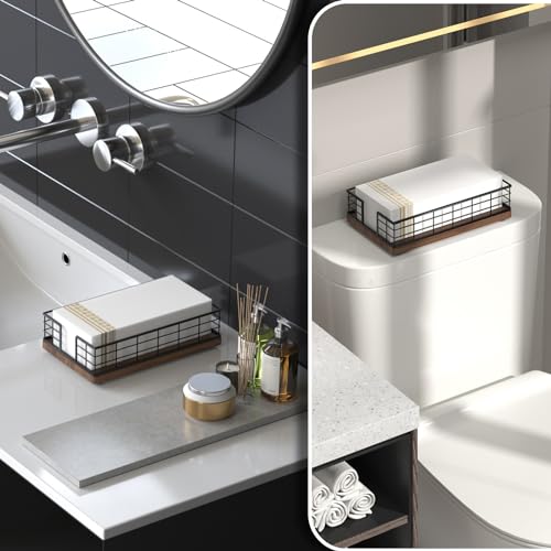 Wican Guest Towel Holder Tray for Bathroom, Oak and Iron Napkins Holder for Powder Room Dinning Table Wooden Basket for Disposable Paper Hand Towels Black & Walnut - color: Black/Walnut, size: 9.06 x 5.51 x 2.56 inchs