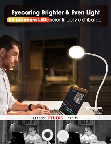 LiFMIRA Bed Lamp Clip on Light 8W 66 LED Reading Light for Bed, 5 Colors 10 Brightness Dimmable, Eye Caring Metal Reading Lamp, Clip lamp for Bed Headboard Desk Home Office Dorm(White) - color: White